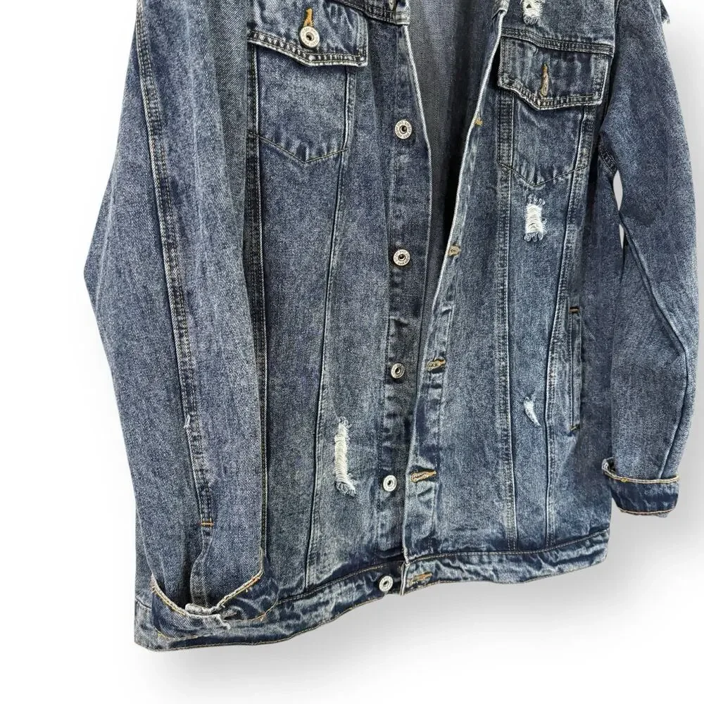 Umgee Womens Denim Jacket XL Distressed Blue Jean Trucker Button Front Cotton